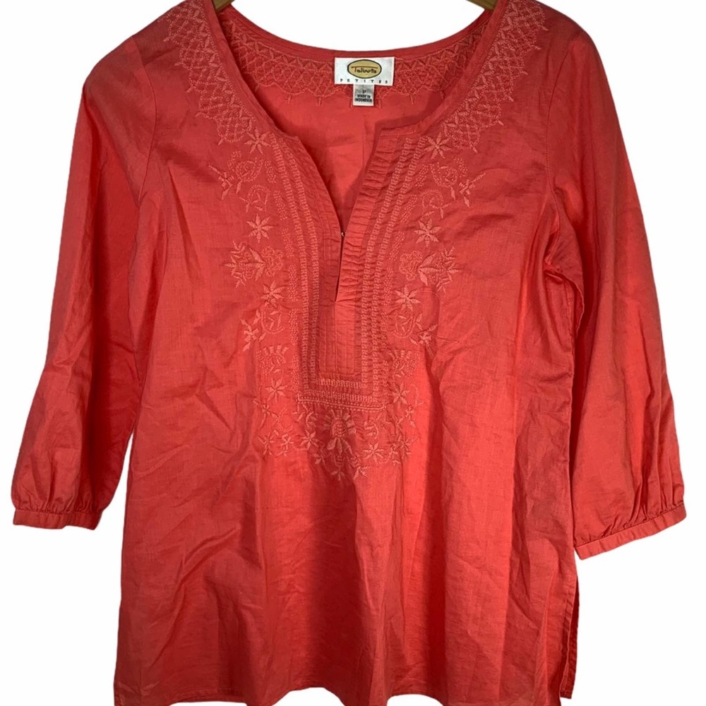 Talbots dark‎ pink v-neck embroidered trim top
